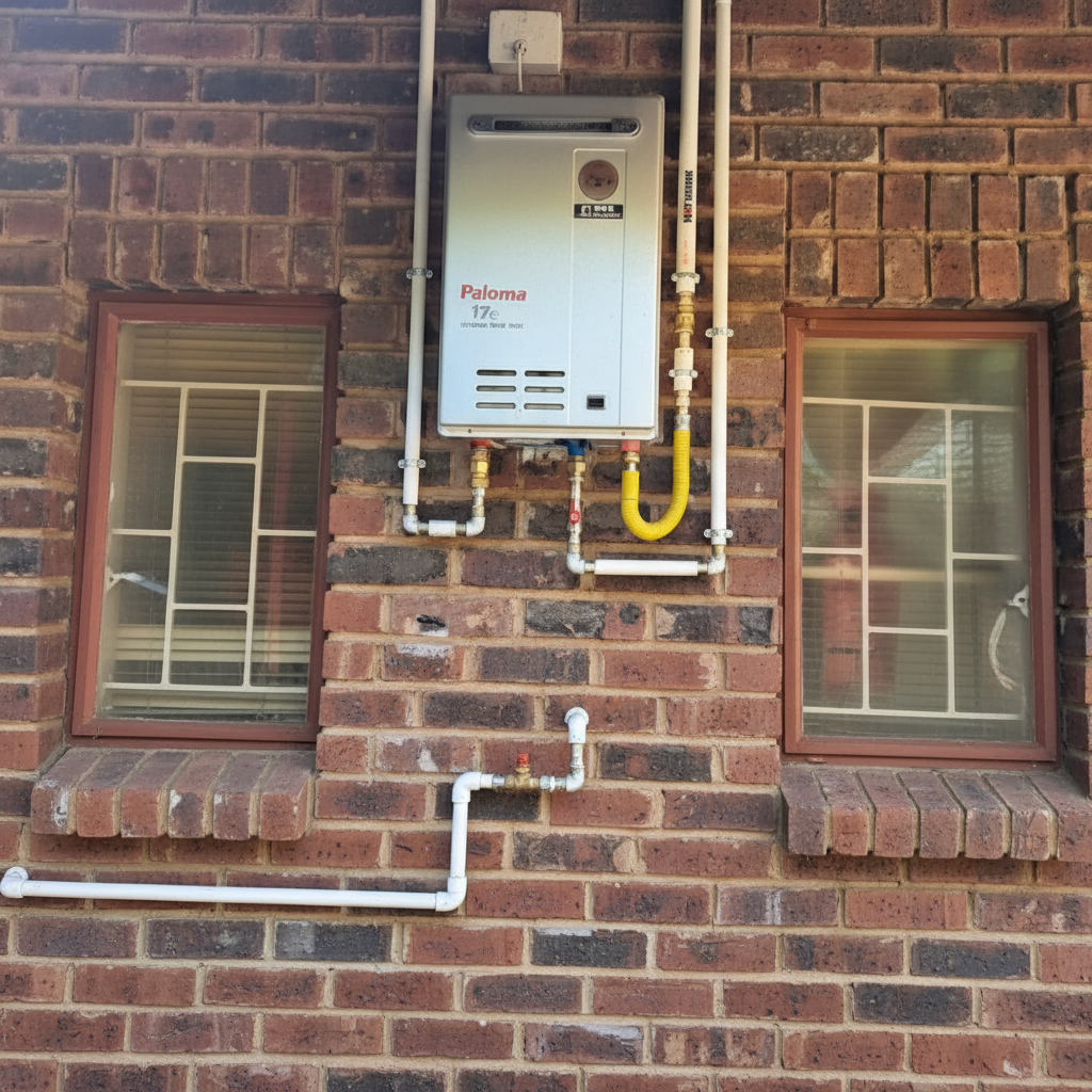 High-definition exterior gas geyser installation in Pretoria on brick wall