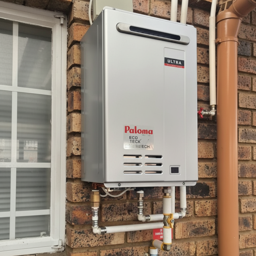High-definition Paloma gas geyser installation in Pretoria with copper and gas connections